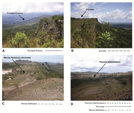 Formas de Relevo na Serra do Tepequém: A) Escarpa Erosiva; B) Encosta; C) Morros Residuais Alinhados, em direção NE-SW e D) Planície Intermontana.