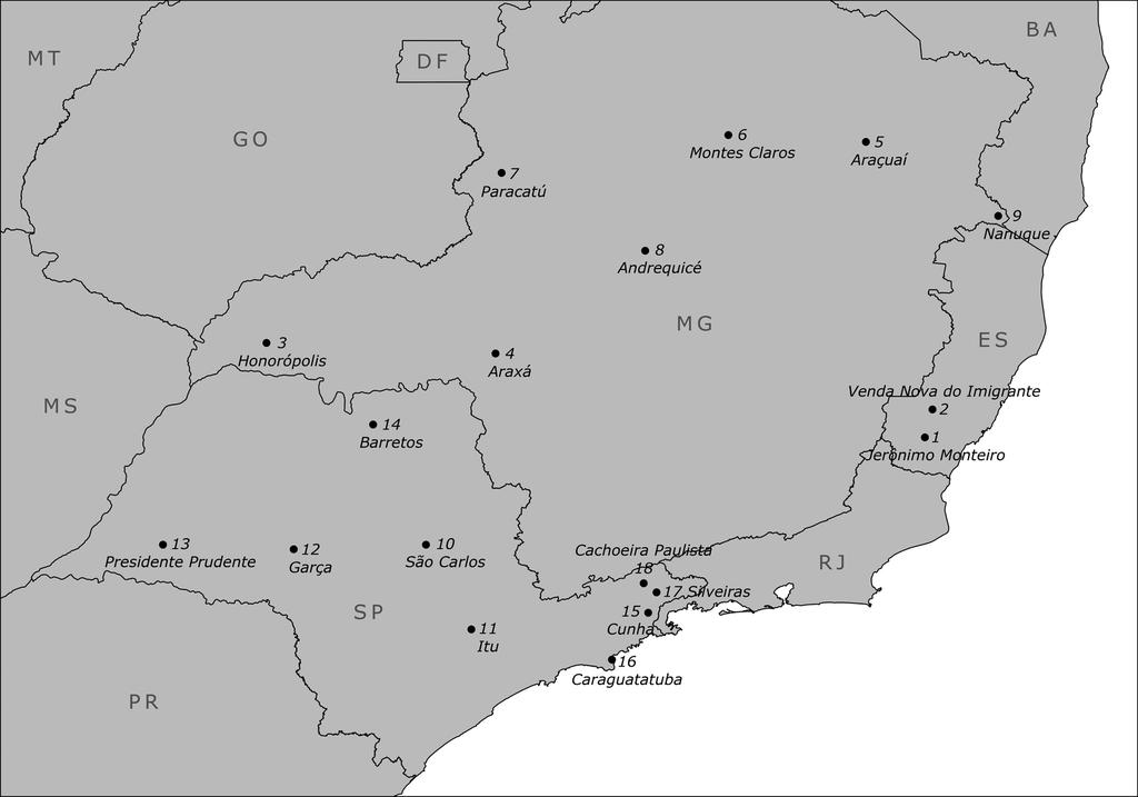 MARTINS FR & PEREIRA EB 269 Figura 1 Localização das 18 PCDs da região Sudeste do Brasil selecionadas para a realização deste estudo. céu claro e completamente nublado, respectivamente.