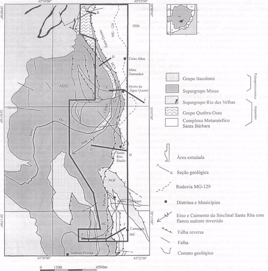 Flávio Affonso Ferreira Filho et al. Figura 2 - Mapa geológico da borda leste do Quadrilátero Ferrifero, com as principais estruturas.