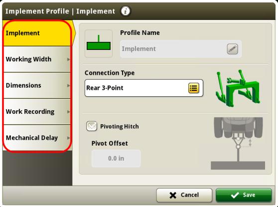 todos os dados de configuração de cada uma das páginas do perfil do implemento circundadas em vermelho na tela abaixo e as informações off-line sobre o nome do produto antes de prosseguir com a