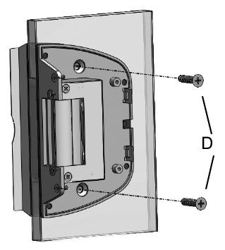 - 8 - Base para porta com furo 1 Instalação do subconjunto da parte fixa: I Acesso à parte interna da base: Solte os parafusos (A), solte a tampa (B) no sentido da seta (C).