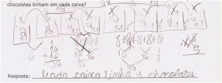 Já o estudante E 04, além de indicar o fator de solução do problema na sentença matemática, apresenta o tratamento que o levou a compreensão e resolução da situação, demonstrando a utilização do