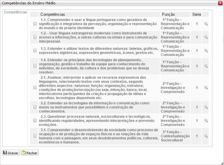 I Competências, Habilidades e Valores Nessa interface o professor deve selecionar quais as Competências que irão compor o seu trabalho durante o ano letivo.