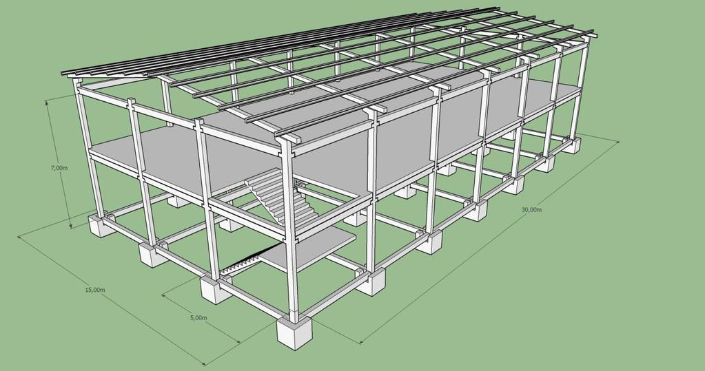 Perspectiva pavilhão 15mx30mx7m - dois pavimentos Pilares, vigas tesoura, viga intermediária, viga de cintamento superior em concreto pré-moldado/pré-fabricado; Pilares e vigas com formato liso