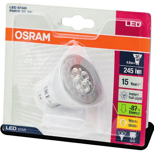 OSRAM LED Star Par16 35 36º 4.5W Preço 9,90 a 9,99 Custo anual 1,15 Em final de comercialização. Duração anunciada: 15 mil horas. Garante uma excelente eficiência e boa durabilidade.