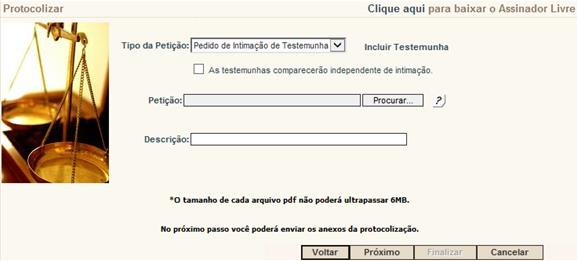 2.1.1 Pedido de Intimação de testemunha Se, no campo Tipo de Petição, for selecionada a opção Pedido de