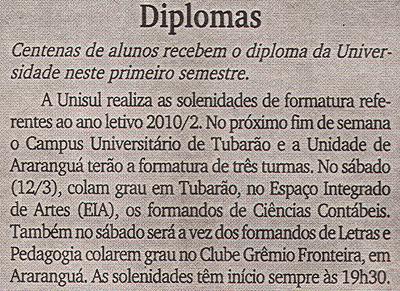 Veículo: Jornal Diário do Sul Data: Tubarão,