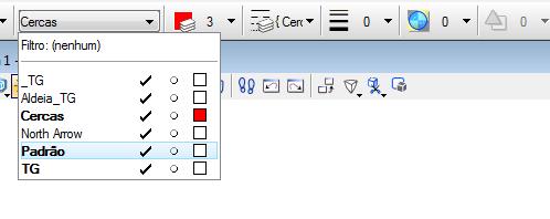 15. Na caixa de atributos ativos mude para o nível padrão, de forma que tudo que traçar será padrão Continuo, na cor branca. Selecionando o nível padrão da Caixa de atributo nível. 16.