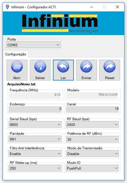 4. CONFIGURAÇÃO Configurador Acti Para configuração, coloca-se a dip switch na posição CONF, conecta-se o módulo a porta serial do computador, e clica-se em LER.