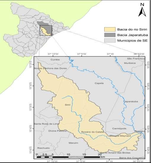 Figura 1. Localização da sub-bacia do Rio Siriri no estado de Sergipe. Fonte: EMBRAPA, 2012. A precipitação na bacia apresenta valores anuais médios de 1.
