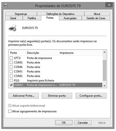 12 - Neste menu pode verificar e alterar a porta que está designada para a impressora.