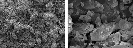 A x300 50µm B x3000 5µm Figura 2 Micrografia da argila Taguá. A x300 50µm B x3000 5µm Figura 3 Micrografia do resíduo de vidro.
