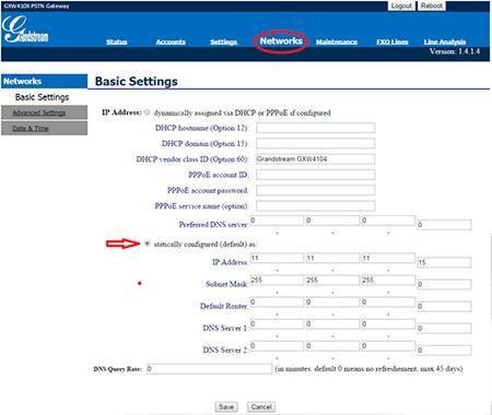 >Networks>Basic Settings Após fixarmos o IP do gateway, devemos conectar o equipamento através da porta WAN e acessálo