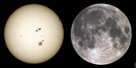 Imagens do Sol (20031029) e Lua (20031108). Telescópios Takahashi FS128 F/8,1 e C14, câmara Fuji Film S1 Pro. Pedro Ré (2003). PROGRAMA do 5.