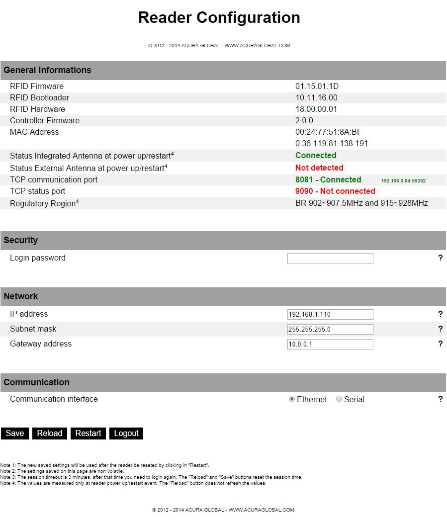 2. A senha da página de Login é de escolha do usuário, o leitor sai de fábrica sem nenhuma senha de Login configurada, favor se referir a Configurações de Fábrica para a lista completa das