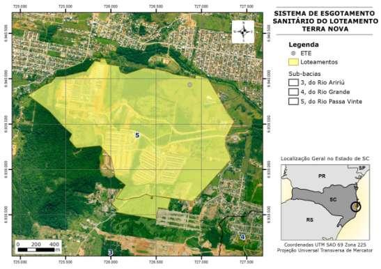 Figura 91: SES Terra Nova e sua área de abrangência. Fonte: Adaptado de SAMAE 2015 O sistema de esgotamento possui duas estações elevatórias que bombeiam o efluente do condomínio até a ETE Terra Nova.