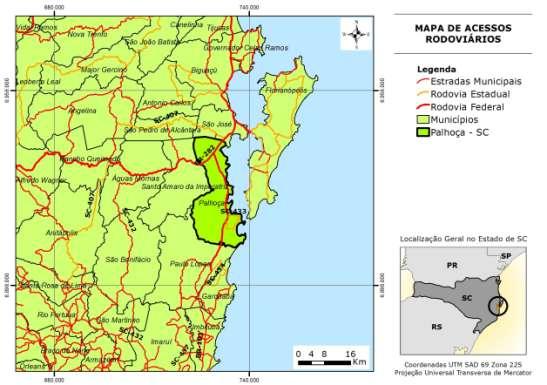 A distância de Palhoça à capital, Florianópolis, é de 12,9 km. O principal acesso rodoviário é feito pelas rodovias federais BR 282 e 101 (Figura 3).