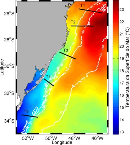 41 Farias et al.: Análise do acoplamento oceano-atmosfera em escala sinótica ao longo de 33 S... Figura 1- Imagem de TSM média temporal entre os dias 12 e 20/06/2012 para a costa sul-sudeste do Brasil.