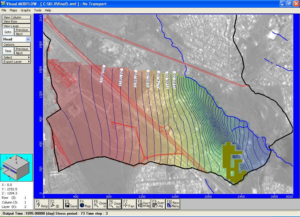 6 RESULTADOS 6.1 RESULTADOS DE FLUXO A Figura 6.1 apresenta a superfície potenciométrica gerada pelo modelo calibrado para o tempo de simulação 1095 dias.