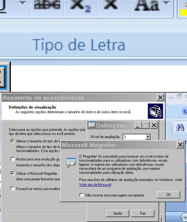 2.1. Nesta janela escolha a opção Utilizar o Magnifier e títulos e menus grandes Clique em seguinte, serão abertas as seguintes janelas.