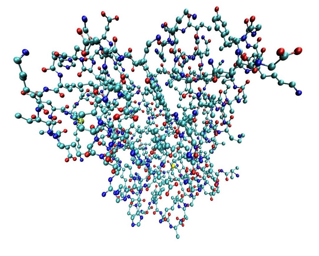 Estrutura da Mioglobina Na figura ao lado temos a representação em CPK da estrutura da mioglobina. A presença das hélices fica de difícil visualização, devido à grande quantidade de átomos.