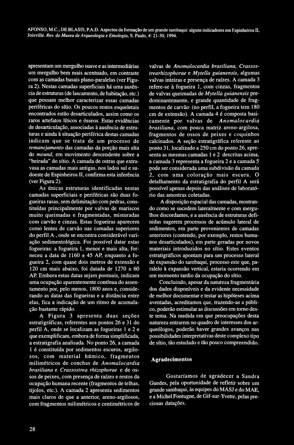 Aspectos da formação de um grande sambaqui: alguns indicadores em Espinheiros 13, apresentam um mergulho suave e as intermediárias um mergulho bem mais acentuado, em contraste com as camadas basais