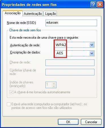 7. Clique no botão Adicionar, selecione o separador " Associação" e execute os seguintes passos: - Introduza no campo " Nome de rede (SSID):"/" Network name (SSID):" o valor eduroam.