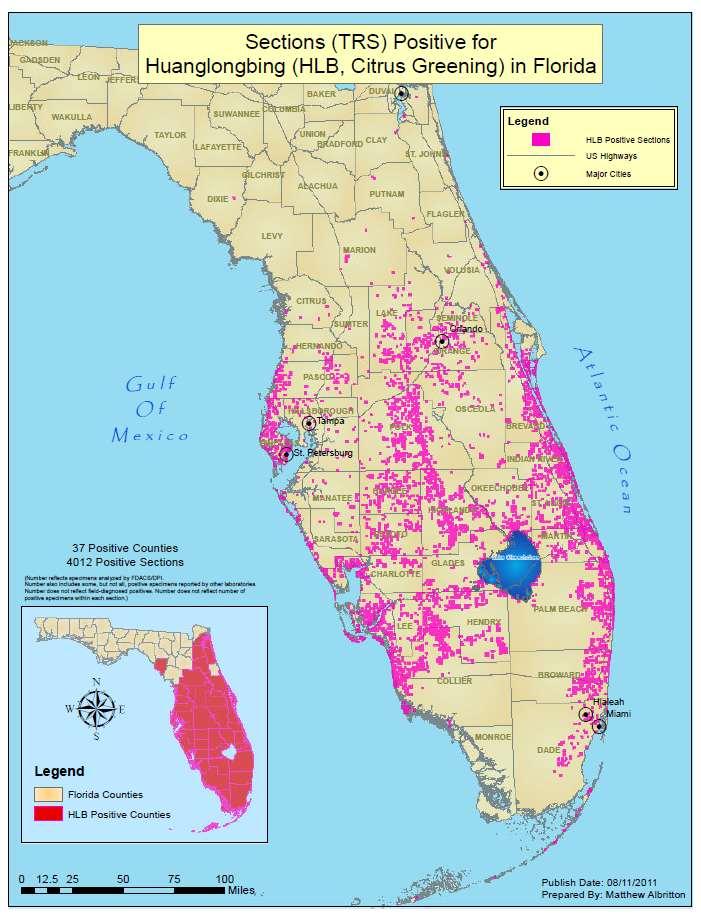 Citrus Health Response Plan (CHRP) Surveys Inspeção oficial para determinar onde o greening esta estabelecido na Florida Positivo ou negativosem