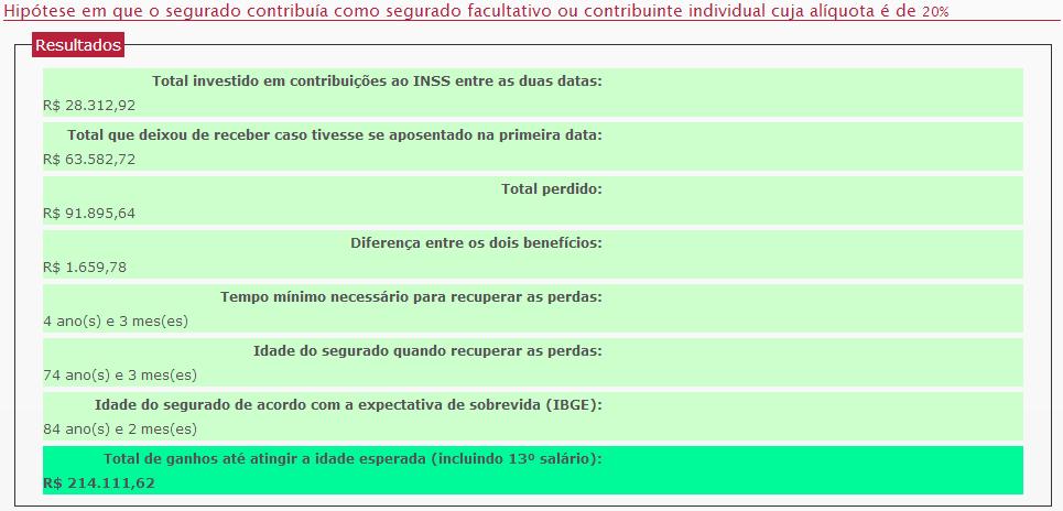 Na tela de resultado será visualizada a Hipótese em que o segurado contribuía como segurado facultativo ou