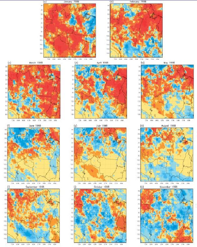 Precipitation below normal during wet season La Niña conditions Observed precipitation anomalies from January (panel a) to November (panel k) 1998 from high resolution Tropical Rainfall Measuring