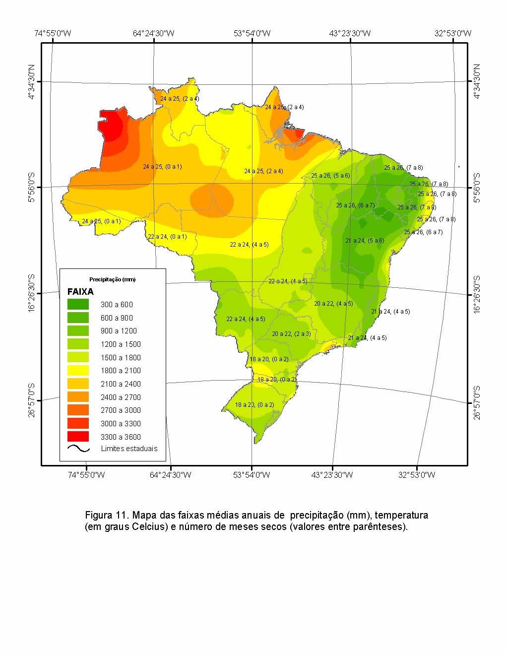 Mapa das Faixas Médias Anuais de PrecipitaçãoMapa das faixas médias anuais de precipitação (),