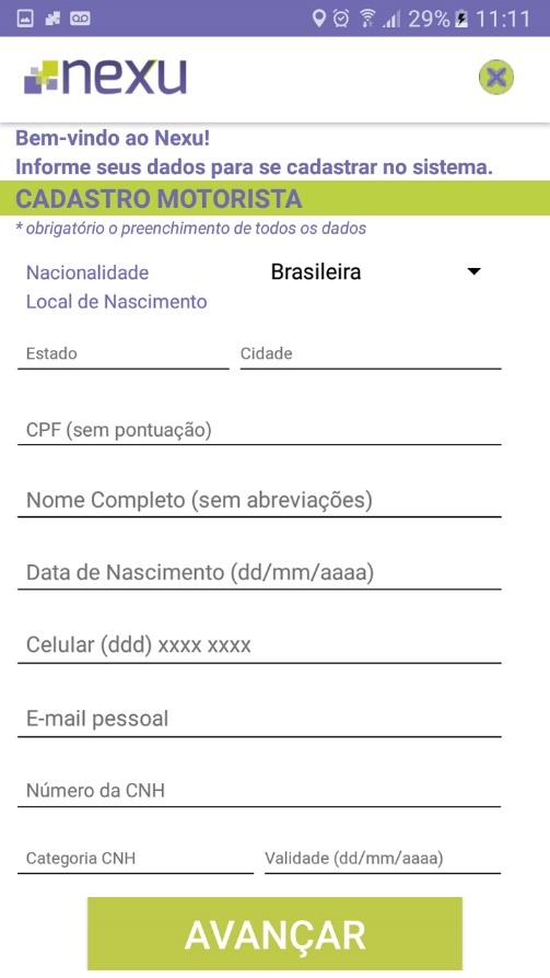 2. 3. Abra o aplicativo Nexu e, na tela inicial, clique na opção Cadastre-se. Você será direcionado para a tela Cadastro de Motorista na qual deverá informar seus dados.