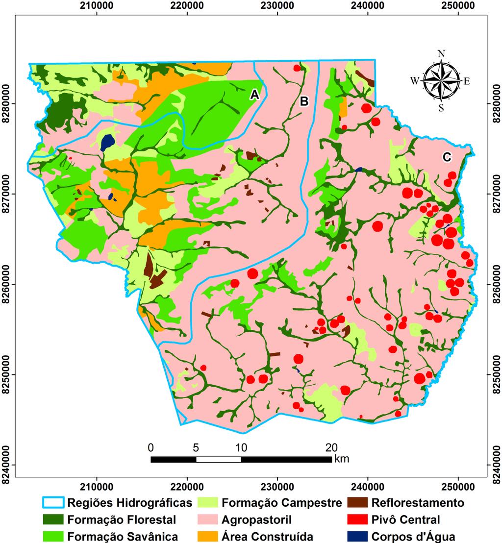 29 Figura 4. Mapa da cobertura da terra da região administrativa de Planaltina-DF, com o limite das Grandes Bacias Hidrográficas do Tocantins-Araguaia (A); do Paraná (B) e do São Francisco (C).