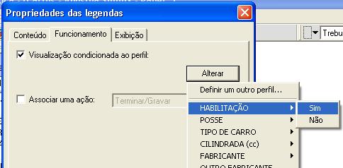 ). Legenda condicional Na guia Funcionamento, basta definir qual o perfil ou qual a condição necessária que irá exibir a legenda.