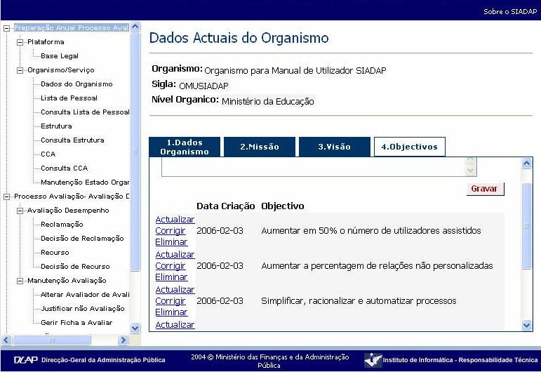 6. Estados do Organismo Opções de Menu Preparação Anual do Processo de Avaliação Organismo / Serviço Manutenção Estado Organismo O Estado do Organismo pode ter os