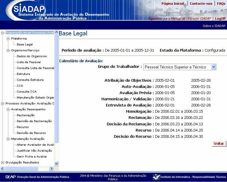 Consulta das regras relativas aos componentes de avaliação Uma vez escolhida a opção Regras relativas aos componentes de Avaliação é apresentado um ecrã, no qual se deve seleccionar, na caixa com