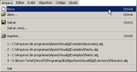 8 - O Menu do Visualg 8.1 Arquivo Possui os comandos para se abrir, salvar e imprimir algoritmos: Novo - Cria um novo "esqueleto" de algoritmo, substituindo o texto existente no editor.