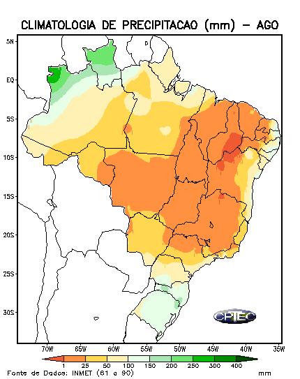 Com base nas condições atmosféricas e oceânicas mencionadas acima, a tendência dos focos de queimadas no Brasil para o mês de agosto será de comportamento acima da média em relação à climatologia