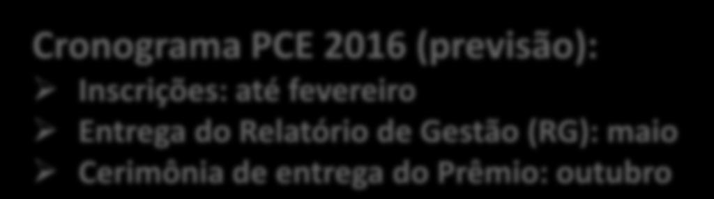 PCE: Prêmio Catarinense da Excelência 2016 Lançamento oficial do Regulamento PCE 2016: OUTUBRO de 2015 Disponível para download pelo site: www.excelenciasc.org.