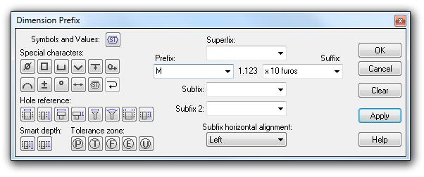 em Symbol-Placement selecione none, em seguida edite o símbolo declique sobre a cota e selecione o ícone Select Prefix na caixa aberta digite no Prefix M e Suffix x 10furos e clique em OK.
