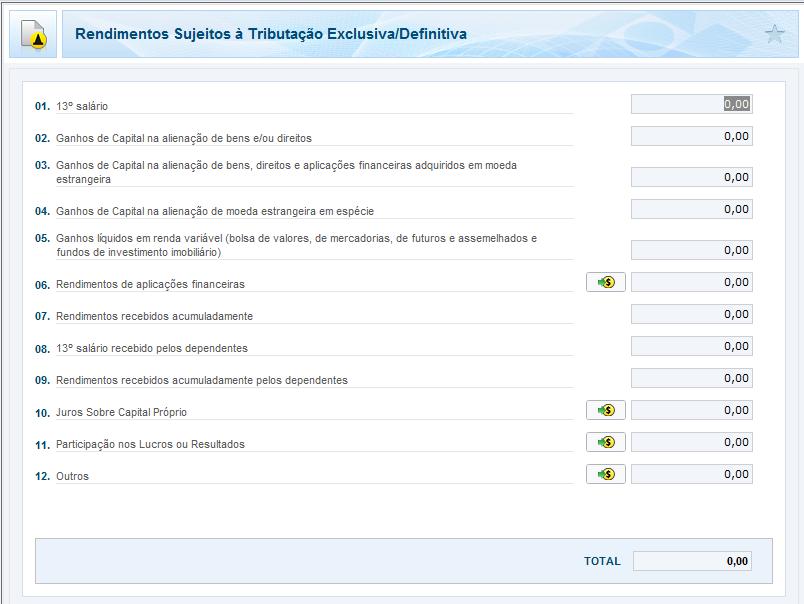 Ficha Rendimentos Sujeitos à Tributação