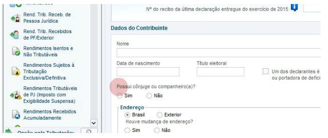 c) Menu Ficha Declaração Identificação do Contribuinte Inclusão da pergunta sobre cônjuge na