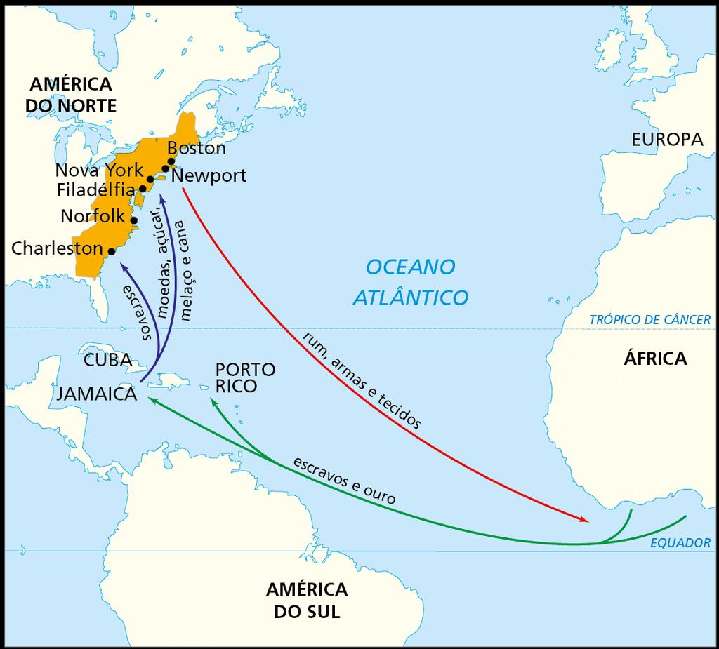 2- Entre as Treze Colônias estabeleceu-se um lucrativo comércio conhecido como comércio triangular. Para entendermos como era o seu o funcionamento observe o mapa a seguir.