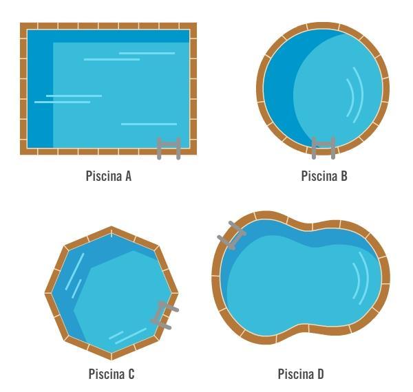 Em qual das imagens a piscina tem a forma de um cilindro? (A) A (B) B (C) C (D) D 18. Na imagem podes ver a vista de cima de várias piscinas.