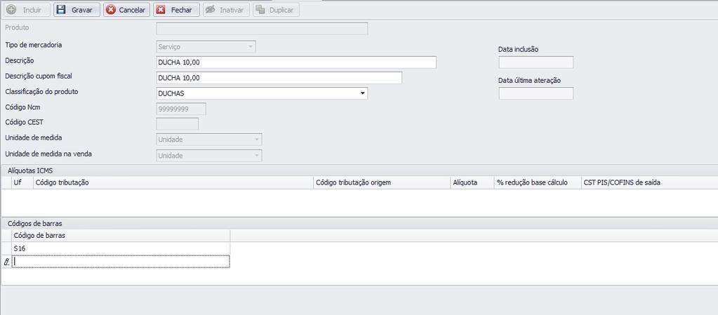 Descrição Digite a descrição do serviço. Descrição cupom fiscal Digite a descrição que será impressa no cupom fiscal. Classificação do produto Selecione em qual classificação este serviço se encaixa.