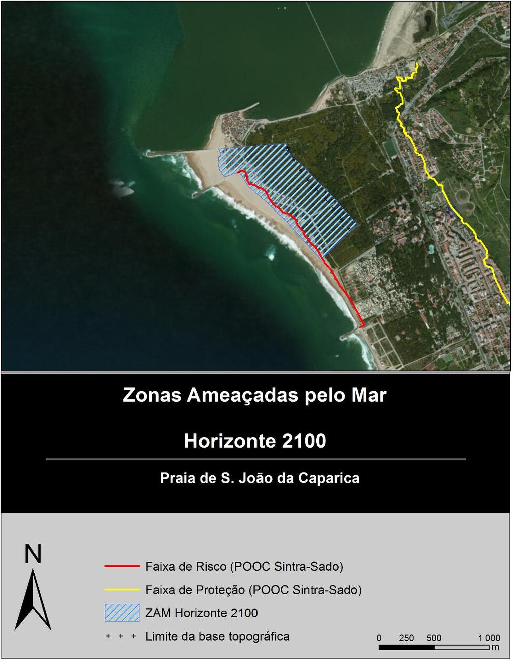 Figura 6. Cartografia das ZAM considerando o horizonte temporal 2100 (recuo e galgamento/inundação) e das faixas de salvaguarda (risco e proteção) no troço da praia de S.