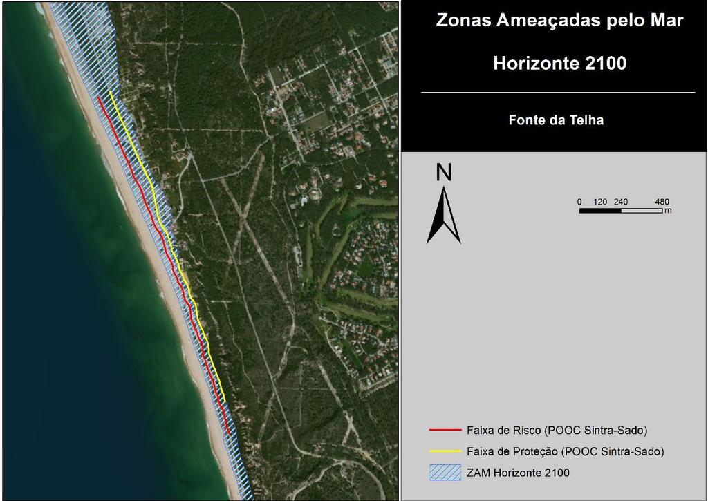 Figura 9. Cartografia das ZAM considerando o horizonte temporal 2100 (recuo e galgamento/inundação) e das faixas de salvaguarda (risco e proteção) no troço da praia da Fonte da Telha 6. Figura 10.