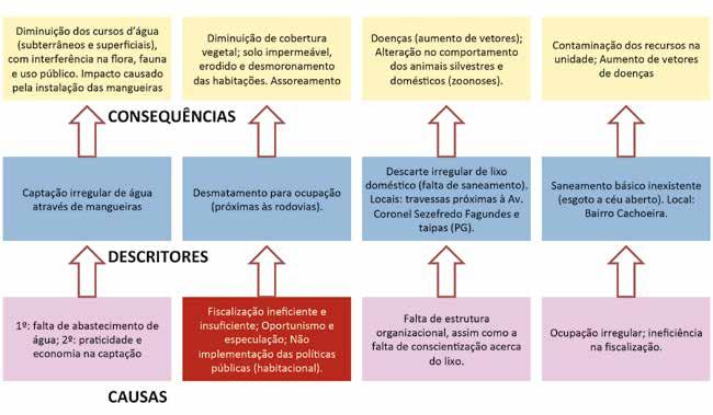 O resultado deste processo é um quadro que descreve o problema, suas causas e efeitos. A figura ilustra uma forma de organização deste quadro de causas e efeitos.