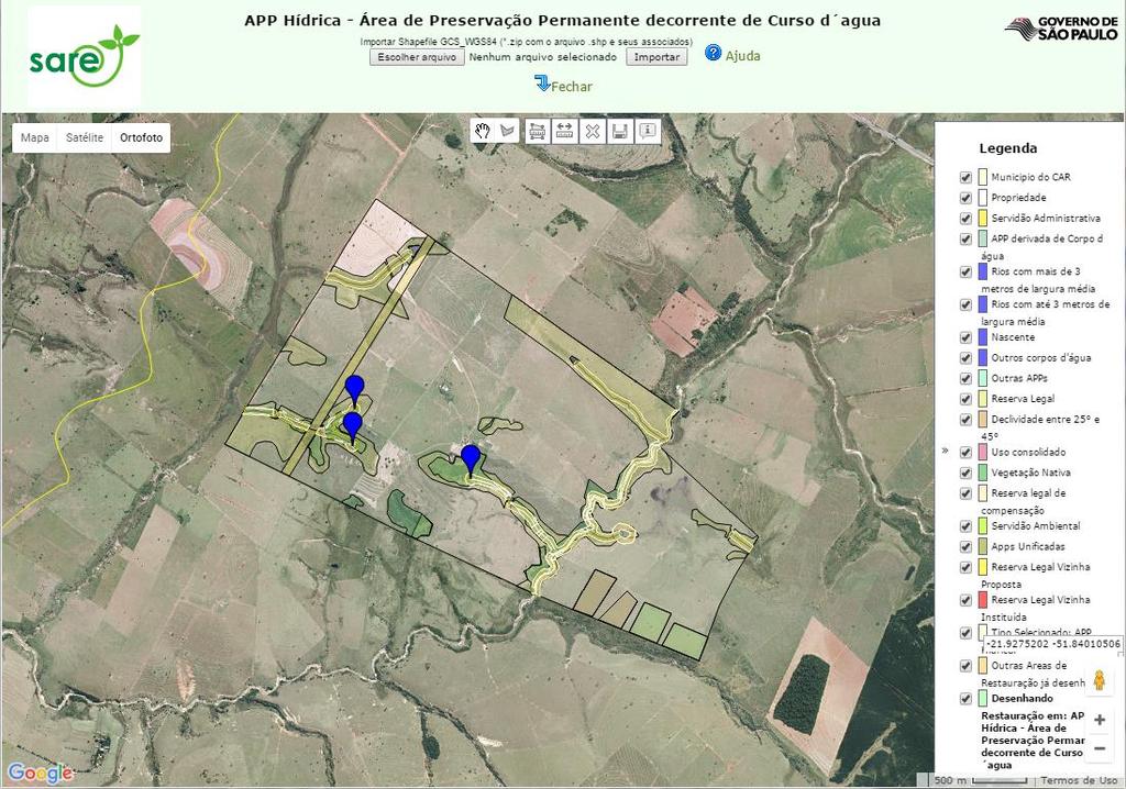 É possível alterar a visualização dos três tipos de imagem para facilitar a identificação das áreas, como por exemplo o modo Mapa que permite a identificação de ruas e estradas.