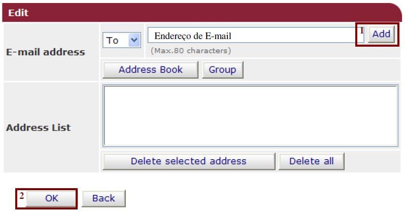 Por fim associar os endereços de correio electrónico que receberam os Fax pressionando [Edit] em E-mail address: Guardado